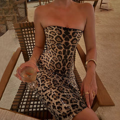 Sparkle Leopard Print Strapless Top And Midi Skirt Matching Set