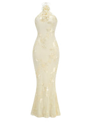 Elegant white evening gown with floral details on a white background