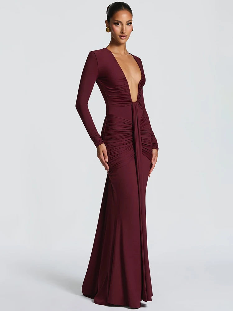 Deep V Neck Draped Maxi Dress