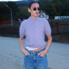 Light purple mock neck puff sleeve fuzzy knit top