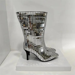 Close-up of Crystal Sequin Pointed Toe Boots with a stiletto heel.