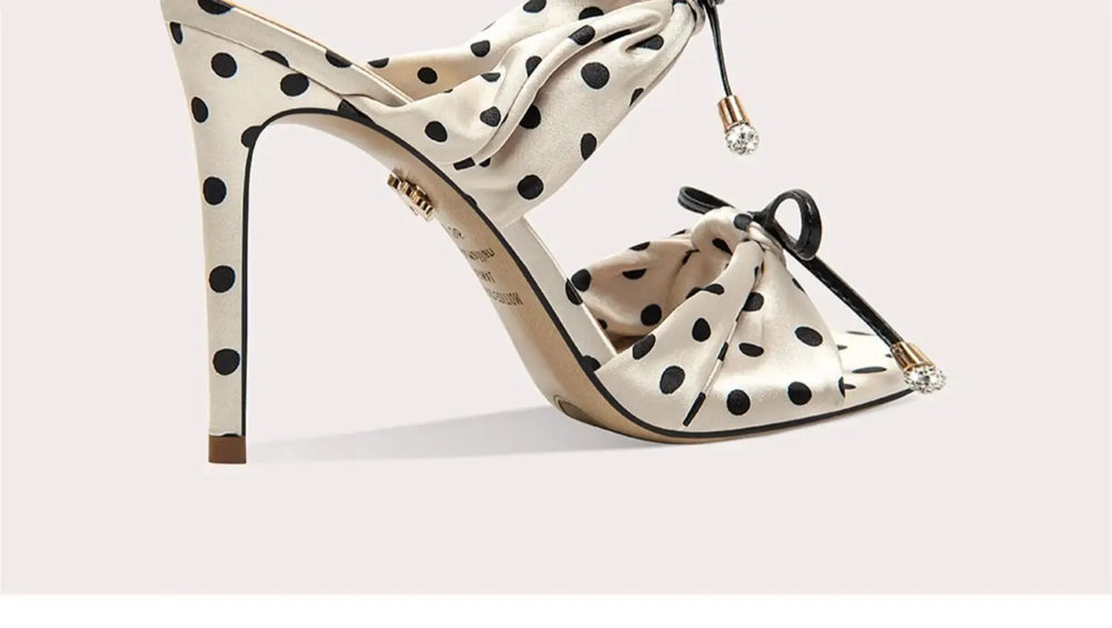 High-heeled shoe with polka dot design on a white background