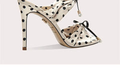 High-heeled shoe with polka dot design on a white background