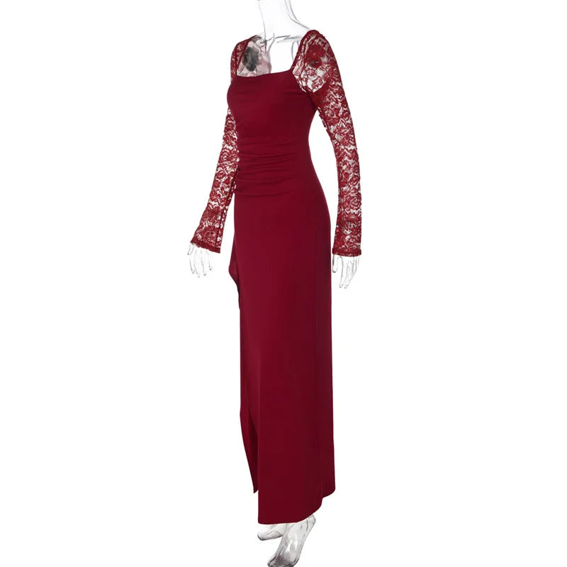 Red evening gown with lace sleeves on a white background
