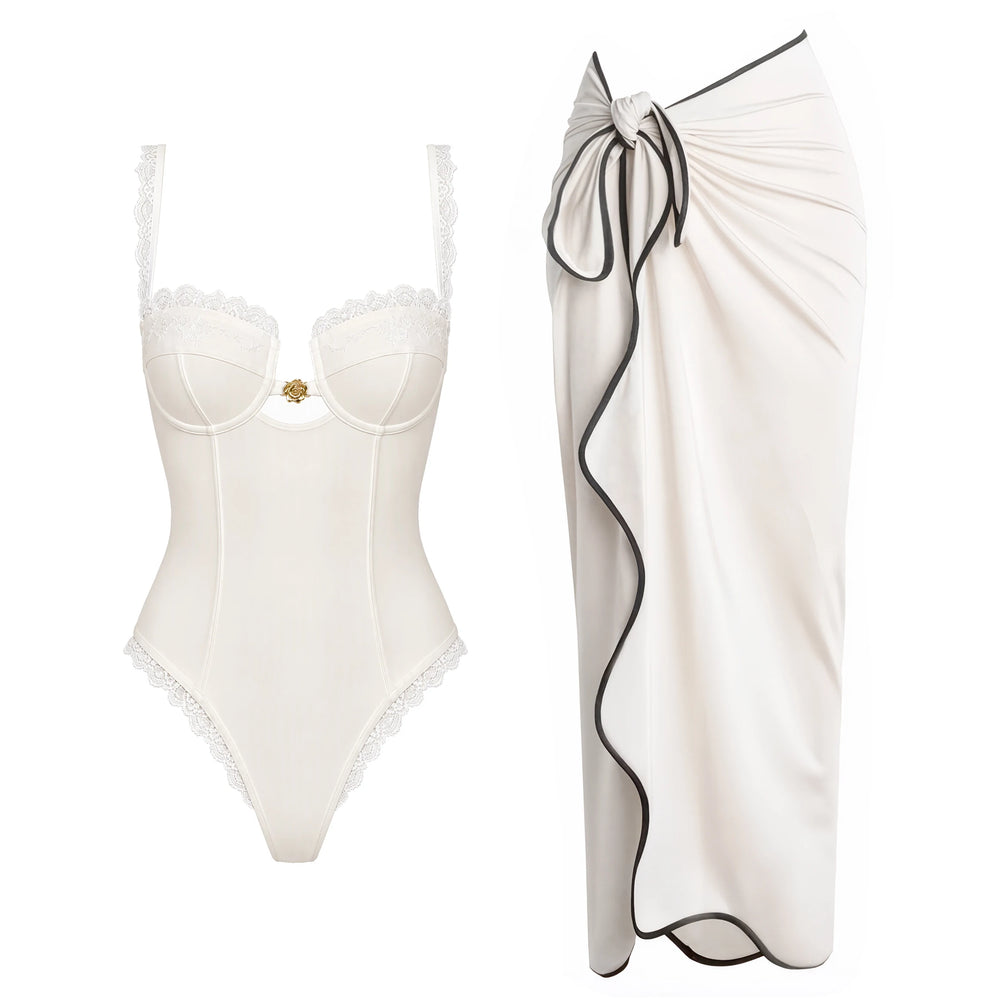Cream lace trim bustier swimwear set