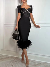 Elegant Black Midi Dress with Pearl Neckline & Feather Hem