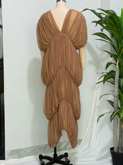 Brown Draped Layered Deep Neck Maxi Dress