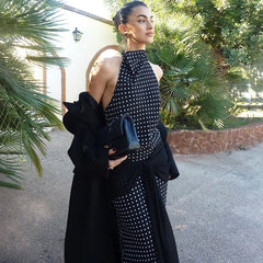 Black Polka Dot High Neck Open Back Wrap Desgin Maxi Dress