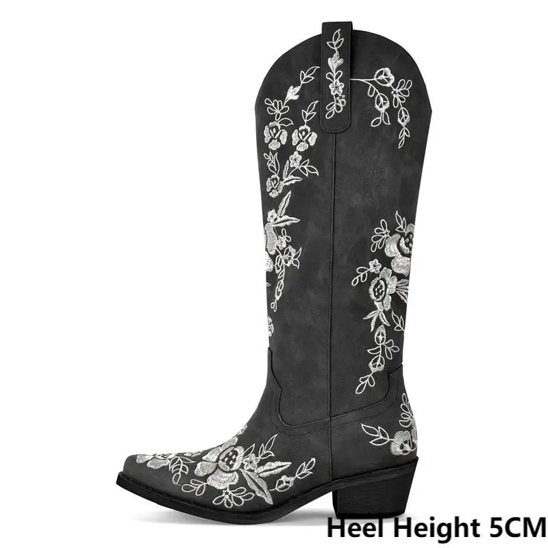 Floral embroidered pointed toe boots with side zipper and heel height detail
