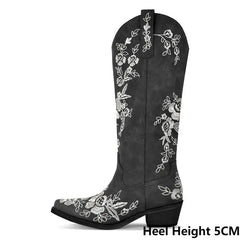 Floral embroidered pointed toe boots with side zipper and heel height detail