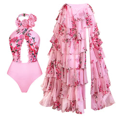 Floral print ruffled halter swimsuit with matching layered cover-up