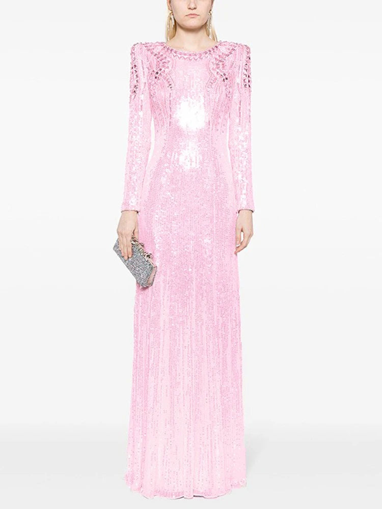 O-Neck Sequin Embellished Long Sleeve Maxi Dress