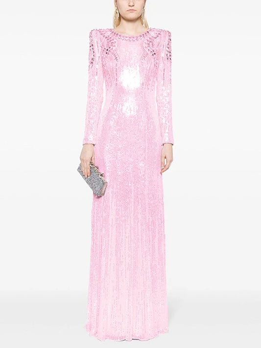 O-Neck Sequin Embellished Long Sleeve Maxi Dress