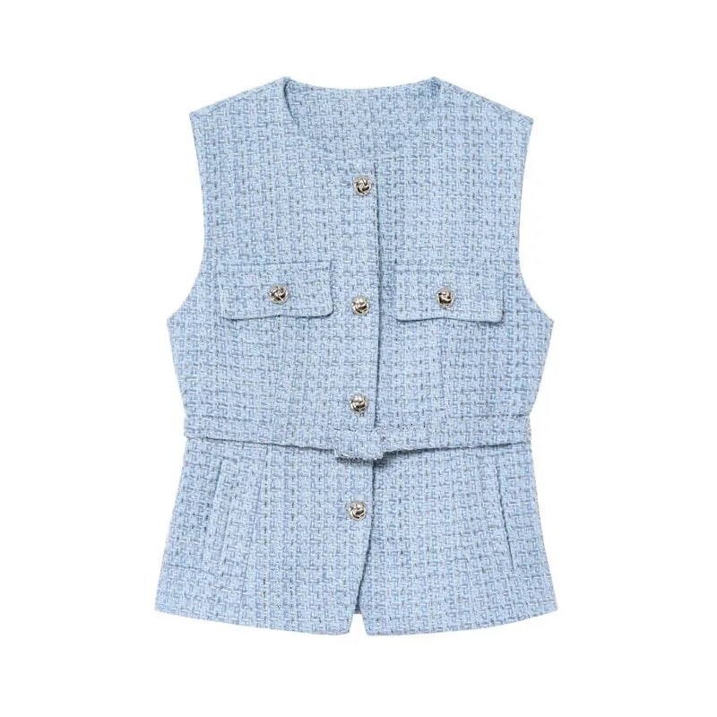 Light blue checkered vest with buttons