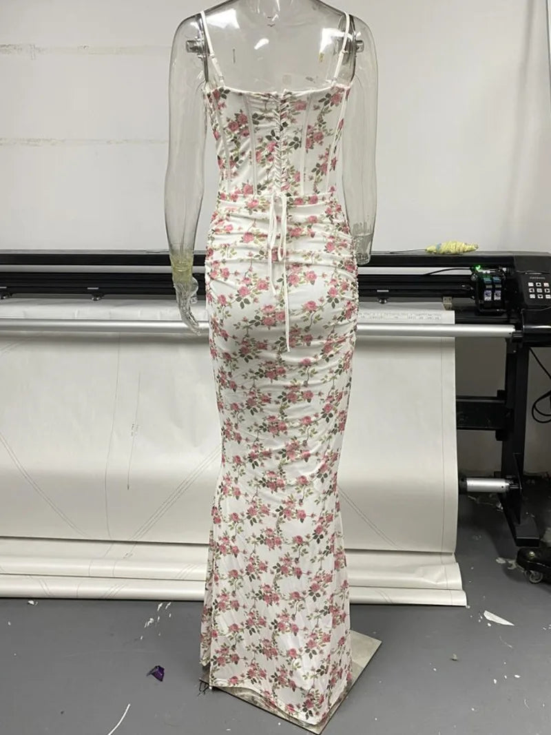 Floral dress on a mannequin in front of a printer