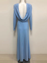 Blue Draped Sleeve Open Back Maxi Dress