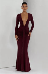 Long Sleeve Bodycon Deep V Neck Draped Maxi Dress