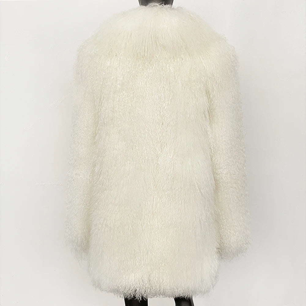 White fluffy coat on a mannequin against a white background