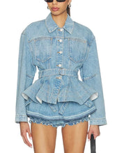 Denim peplum jacket with belt and ruched shorts, front view