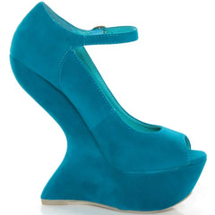 Teal peep toe sculpted wedge heels with ankle strap