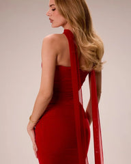 Red Corset Crop Top And Bodycon Maxi Skirt With Scarf Set