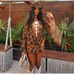 Leopard Cowl Collar Digital Print Mini Dress – Beach Vacation