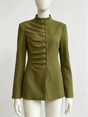 Ruched Pleated Buttoned Mandarin Collar Blazer