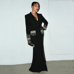 Women's Black V-neck Diamond Suit Long Evening Dress