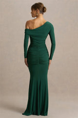 One Shoulder Ruched Long Sleeve Maxi Gown