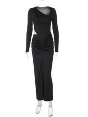Black Asymmetrical One Shoulder Ruched Maxi Dress
