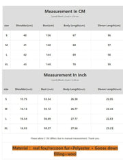 Measurement chart for clothing sizes in centimeters and inches with fur and goose down material details.