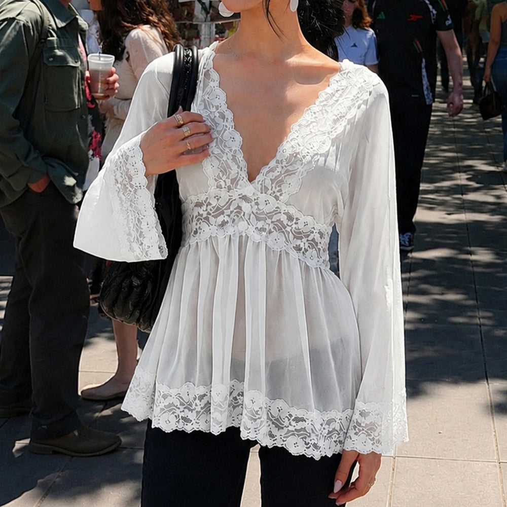 Lace V-neck bell sleeve top side view