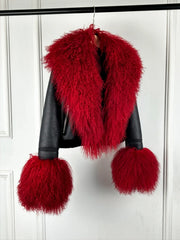 Red faux fur collar and cuff moto jacket
