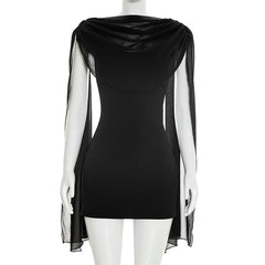Black dress with sheer sleeves on a mannequin against a white background
