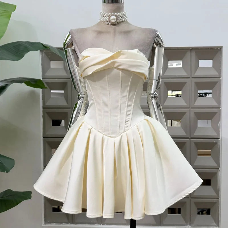 Cream strapless corset fit and flare dress