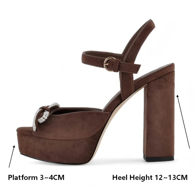 Side view of brown faux suede platform sandals showing heel and platform height