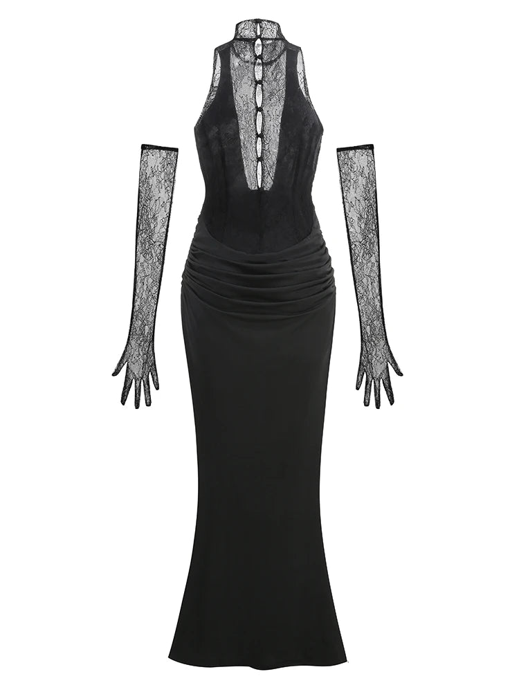 Black evening gown with lace sleeves on a white background