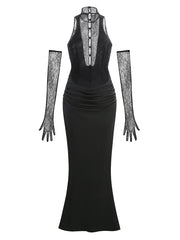 Black evening gown with lace sleeves on a white background