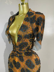 Leopard Print Embellished V-Neck Gown