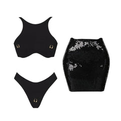 Black sequin bikini and skirt swimwear set.