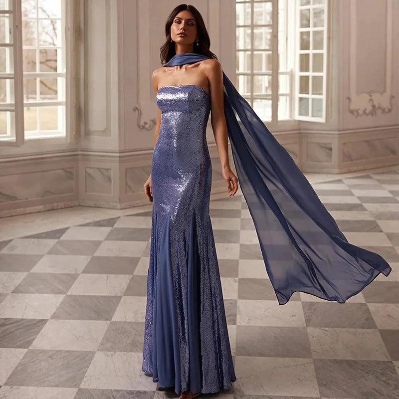 Strapless sequin column evening gown with flowing chiffon