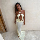 Solid cutout swimsuit with sheer flowing skirt