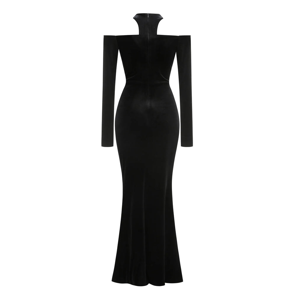 Studio shot of black velvet off-shoulder deep v-neck fishtail evening dress