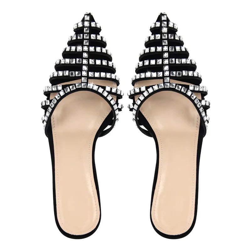 Rhinestone embellished pointed toe mules