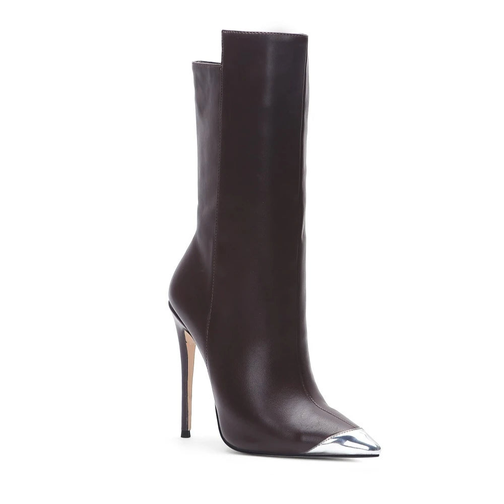 A single dark brown pointed toe stiletto boot with a metal cap.