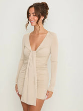 V-neck ruched mini dress in beige