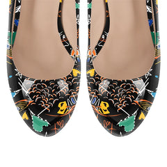 Close-up toe view of graffiti print stiletto platform heels