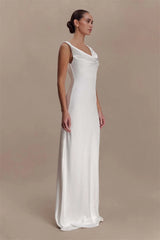 Off-Shoulder Cowl Neck Maxi Dress with Draped Front