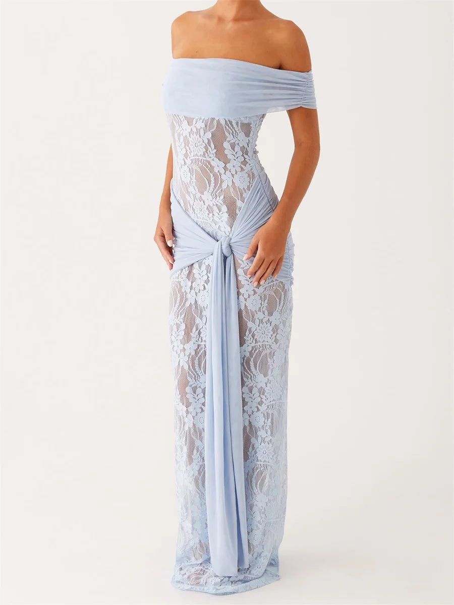 Light blue off-shoulder lace dress on a white background