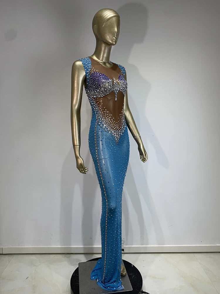 Rhinestone mesh column dress on mannequin front